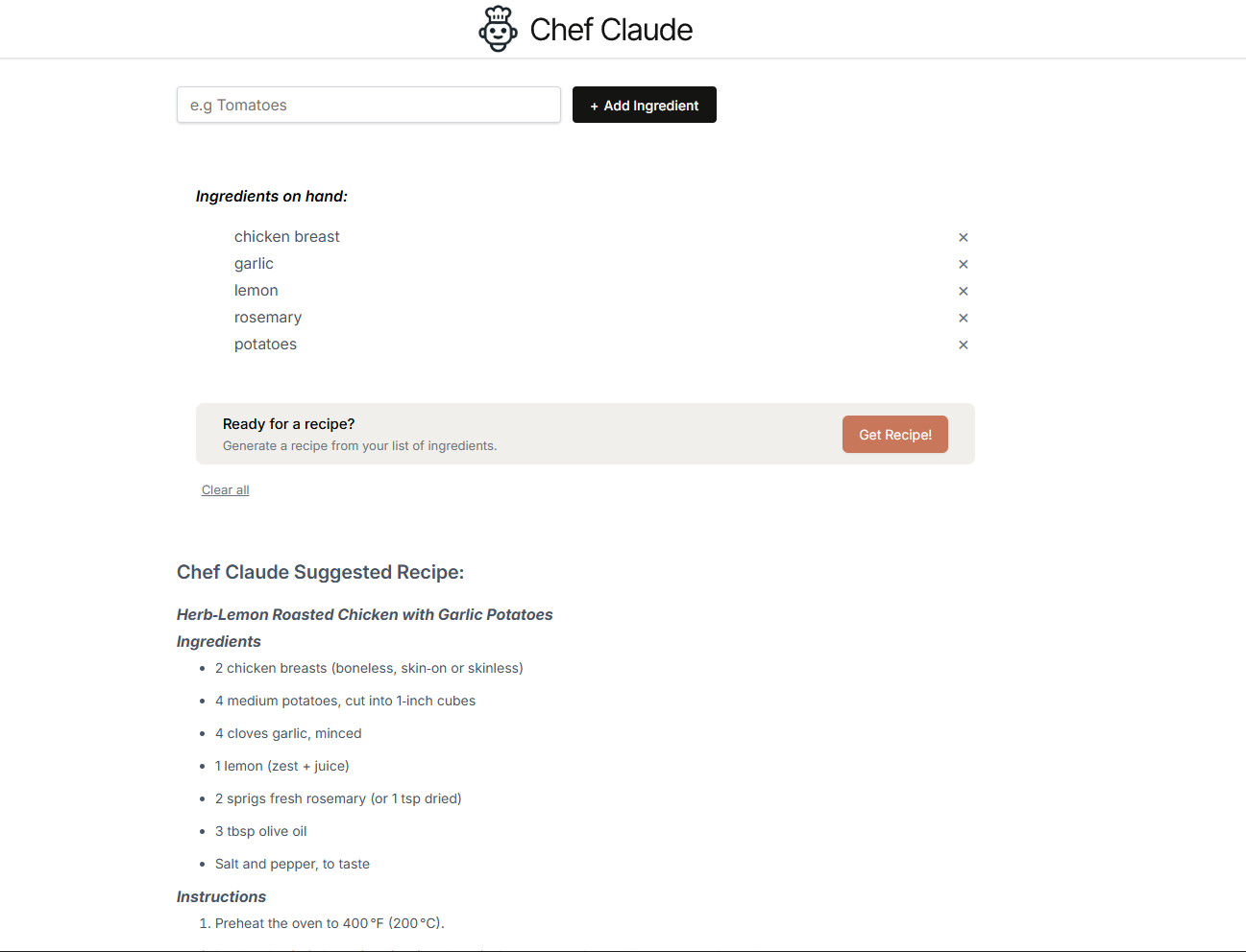 Screenshot of Recipe Generation App